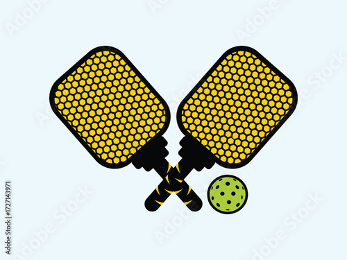 Pickleball Paddles with Honeycomb Pattern and Ball Vector Illustration