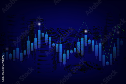 A dark-themed illustration of a financial stock chart with blue candlestick patterns.