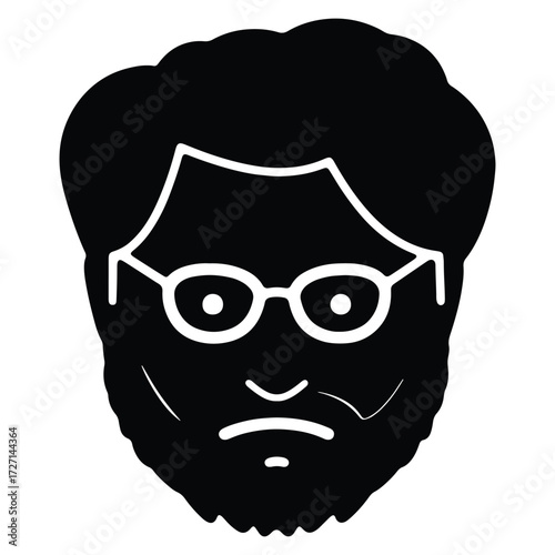 Black and white vector graphic portrait of a bearded man wearing glasses
