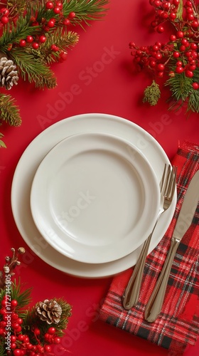 Elegant Dinner Setting With Red Tablecloth and Holiday Decorations for Festiv...