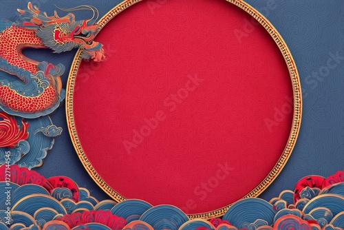 Dragon Artwork With Empty Circular Frame on Red and Blue Background Showcases...