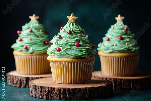 Festive Green Tree Cupcakes With Red Decorations on Wooden Slices for Holiday...