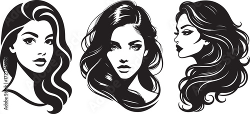 Three stylized black and white portraits of women s faces.