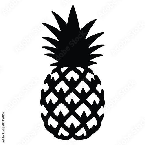 Black silhouette of a pineapple against a white background design element