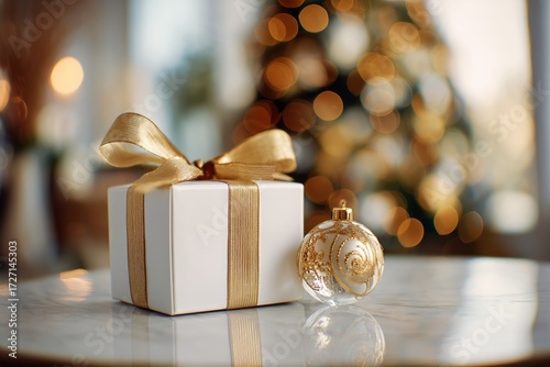 Holiday Gift and Ornament on Table With Blurred Christmas Tree Lights in Back...