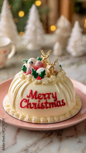 Delicious Christmas Cake With Festive Decorations on a Holiday Table