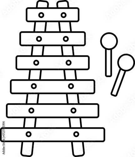 Xylophone Vector Illustration. Simple Outline Xylophone Coloring Page.
