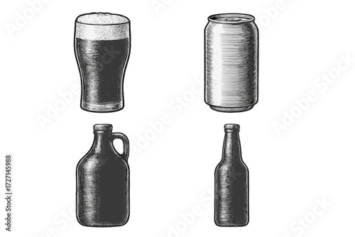 Assortment of beer serving and storage vessels: a full glass, aluminum can, glass growler, and classic bottle