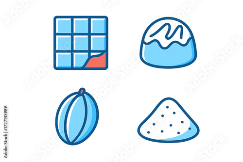 Set of various food and ingredient graphic symbols including sweet dessert, melting ice cubes, fresh fruit, and sugar pile