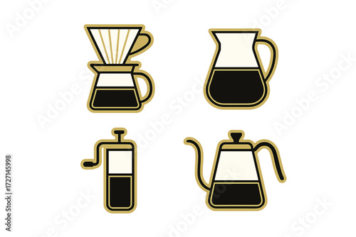 Modern coffee brewing equipment collection featuring pour over dripper, carafe, manual grinder, and gooseneck kettle