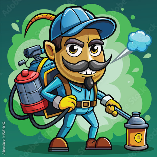 A friendly cartoon pest control technician wearing a uniform and a backpack sprayer dispenses insecticide to combat infestations. He is determined to protect homes and businesses from unwanted guests.