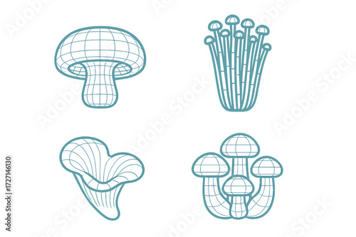 Diverse collection of stylized mushroom designs featuring geometric grid patterns and various fungi shapes