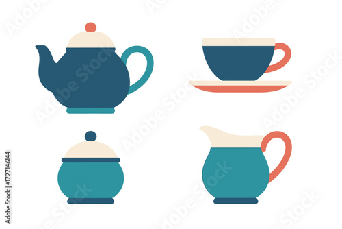 Complete tea service set featuring a teapot, teacup with saucer, sugar bowl, and creamer in a modern flat design