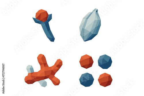 Abstract low poly geometric shapes with stylized natural forms and a vibrant color palette on a clean white background