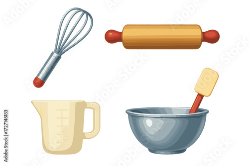 Essential kitchen baking tools set including whisk, rolling pin, measuring cup, mixing bowl, and spatula