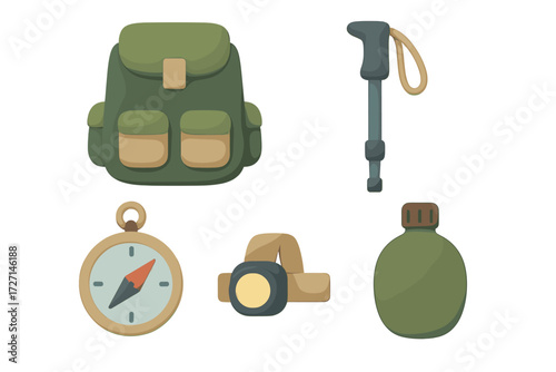 Essential outdoor adventure gear set including a backpack, trekking pole, compass, headlamp, and canteen for hiking, camping, and exploration