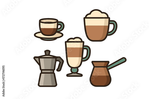Stylized collection of various coffee beverages, cups, mugs, and traditional brewing equipment for hot drinks