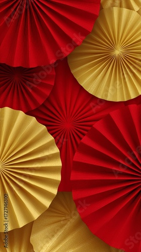 Decorative Paper Fans in Red and Gold Arranged for a Festive Celebration Back...