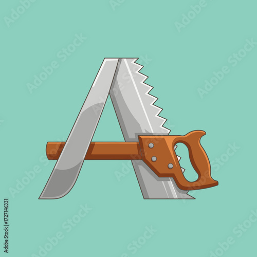 A stylized letter 'A' creatively designed to resemble a hand saw, with the letter's structure formed by the saw's blade and handle.