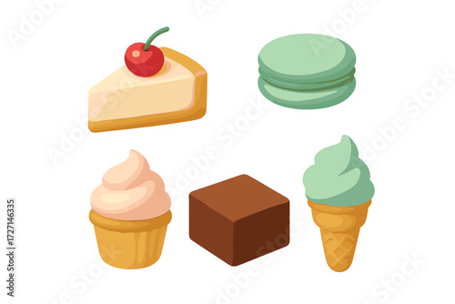 Various sweet desserts and confectionery including cheesecake, macaron, cupcake, brownie, and ice cream treats