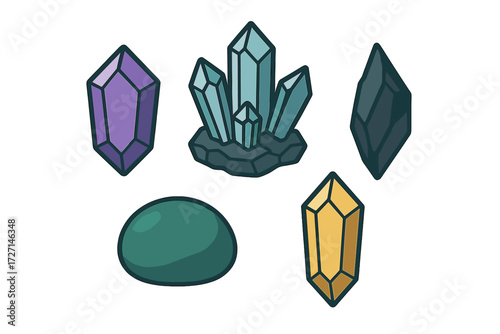 Assortment of various shaped precious stones and raw minerals, including amethyst, quartz, and polished jade