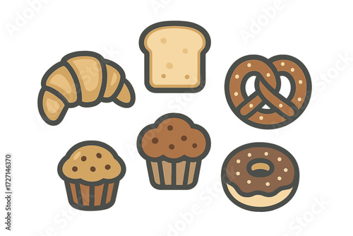 Delicious assortment of freshly baked goods including a golden croissant, a slice of white bread, a classic pretzel, two chocolate chip muffins, and a glazed donut