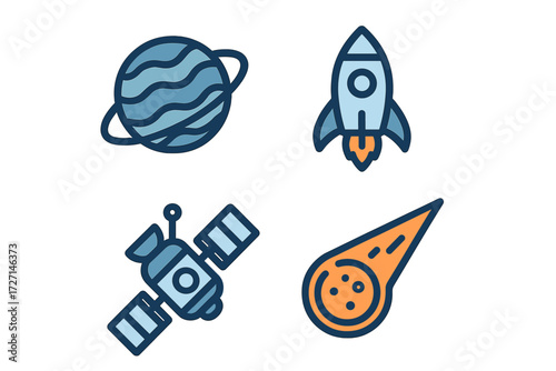 Collection of outer space elements including a ringed planet, a launching rocket, an orbiting satellite, and a fast-moving comet