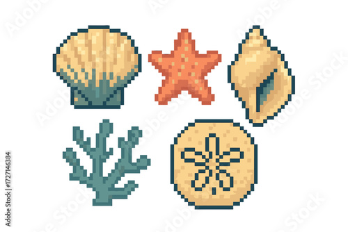 Pixel art collection of various marine life elements including seashells, starfish, coral, and a sand dollar