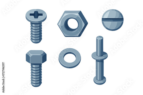 Set of various metal fasteners including screws, nut, washer, and rivet for construction and repair