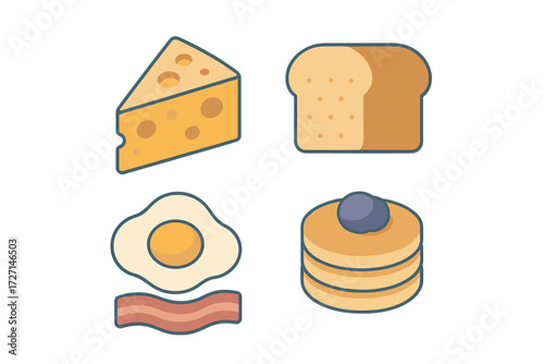 Delicious breakfast food items including cheese, bread, fried egg, bacon, and blueberry pancakes served for a morning meal, a perfect start to the day with various ingredients