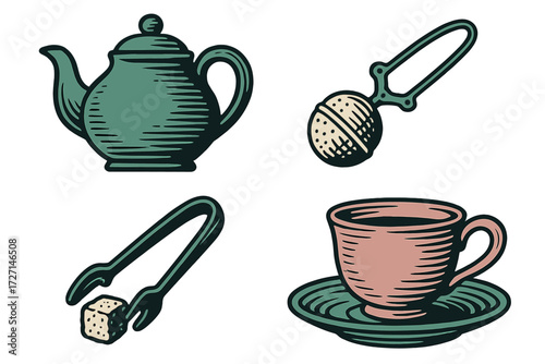 Traditional tea time elements featuring a teapot, teacup, tea infuser, and sugar cube with tongs