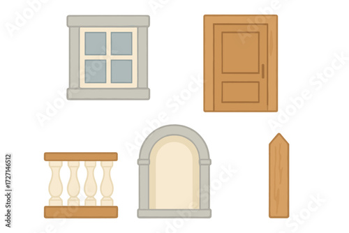 Architectural elements set with window, wooden door, classic balcony railing, arched niche, and simple post