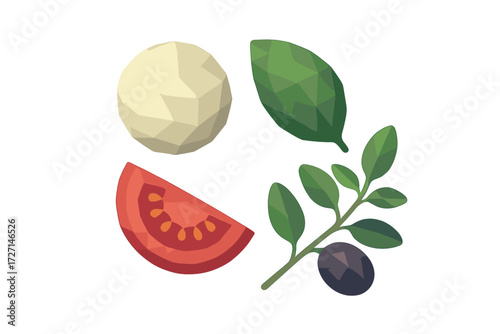 Fresh Italian food ingredients including mozzarella, ripe tomato, green basil leaf, and black olive branch