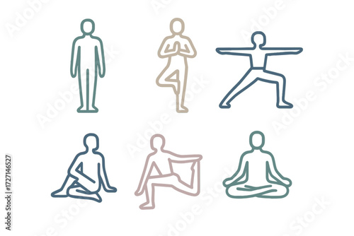 Diverse human figures demonstrating various yoga poses and stretching exercises promoting wellness and balance