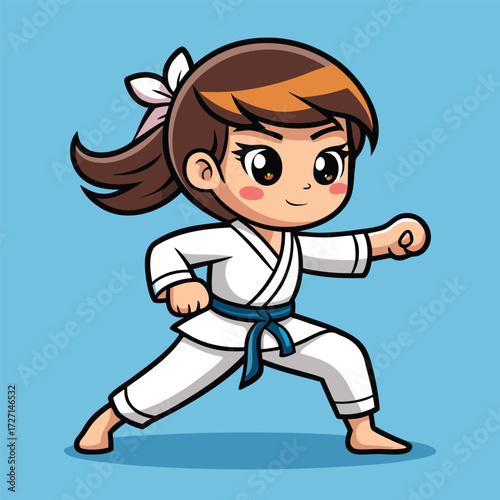 Adorable anime character in a traditional white karate gi with a green belt performs a powerful martial arts stance. Perfect for sports and kid-friendly content.