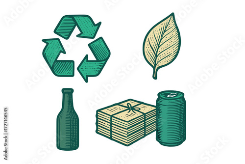 Environmental sustainability concept showing recycling symbol, green leaf, glass bottle, paper stack, and aluminum can for eco-friendly practices
