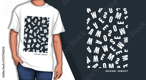 Random Letters Typography Pattern White T-shirt Graphic Design for Streetwear and Urban Fashion