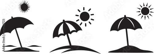 Beach umbrellas and sun silhouettes on a white background.