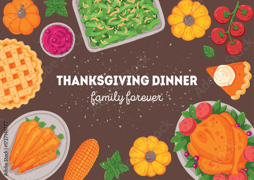 Thanksgiving day, family dinner. Hand drawn flat style. Top view illustration. Festive dinner with turkey and potato, apple pie, vegetables, fruits. Autumn food