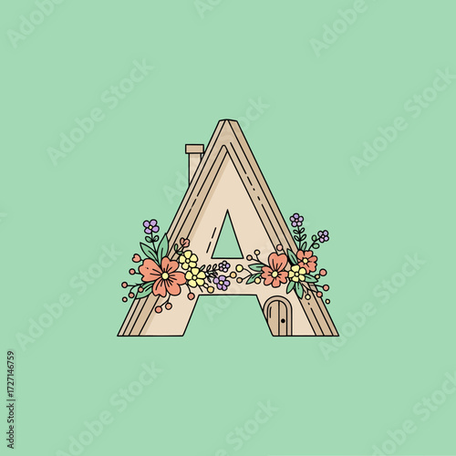 Stylized letter A shaped like a cozy house with a chimney and a small door, adorned with colorful flowers and leaves, set against a soft mint green background.