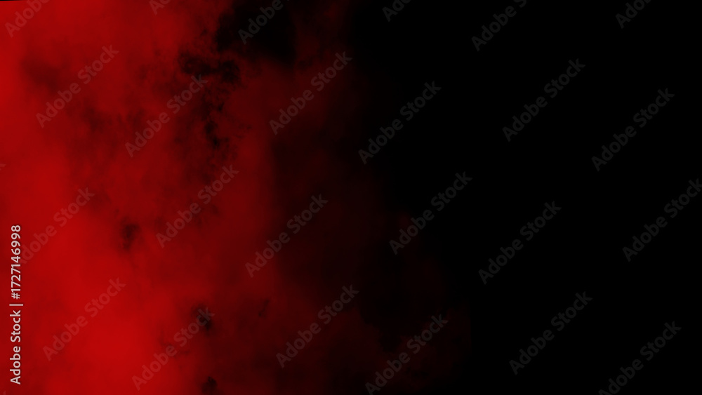 Obraz premium Red powder smoke cloud isolated on black background abstract dust explosion particles burst overlay texture for modern digital artwork