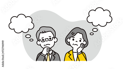 吹き出しと、困った表情のシニア世代の男性と女性のビジネスベクター素材セット