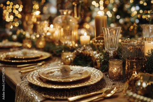 Festive Dining Setting With Candles and Elegant Tableware During a Holiday Ce...