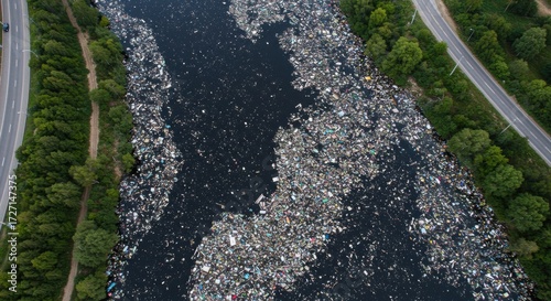 Environmental crisis river pollution overflowing with waste urban area aerial view urgent call for action