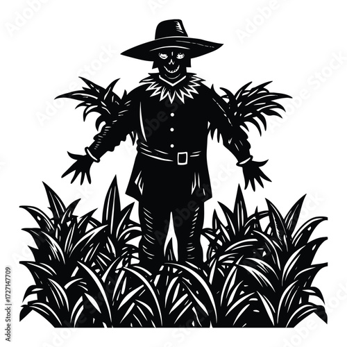 Scarecrow Silhouette in the Field, Halloween or Autumn Decoration on White Background