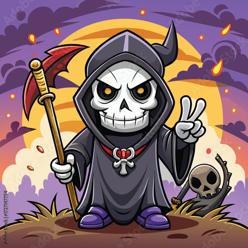 A charmingly spooky cartoon Grim Reaper character stands ready with a scythe, holding up a peace sign. A small skull companion sits nearby in this fun Halloween-themed artwork.