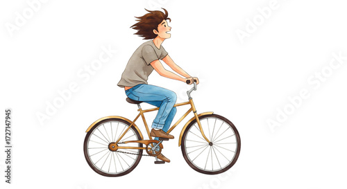 A cartoon man with brown hair riding a bicycle looking up with a black background illustration