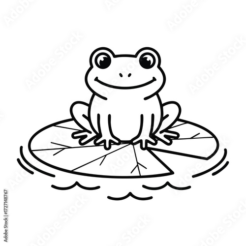 A cheerful frog sitting on a lily pad surrounded by gentle ripples in a serene aquatic environment.