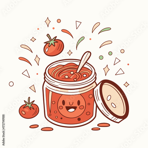 Cute tomato sauce jar with tomatoes vector art
