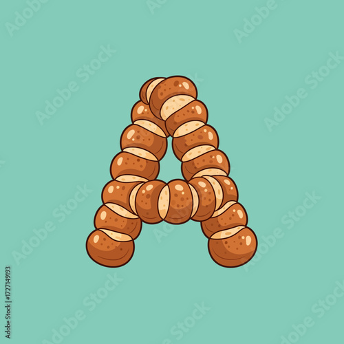 Stylized letter A formed by small, interconnected brown baked goods, resembling pretzels or bread, on a solid teal background.